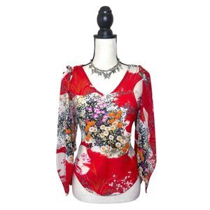 Y2K Crossroads Clothing Co Red Floral Flare / Open Sleeve Top Size 10